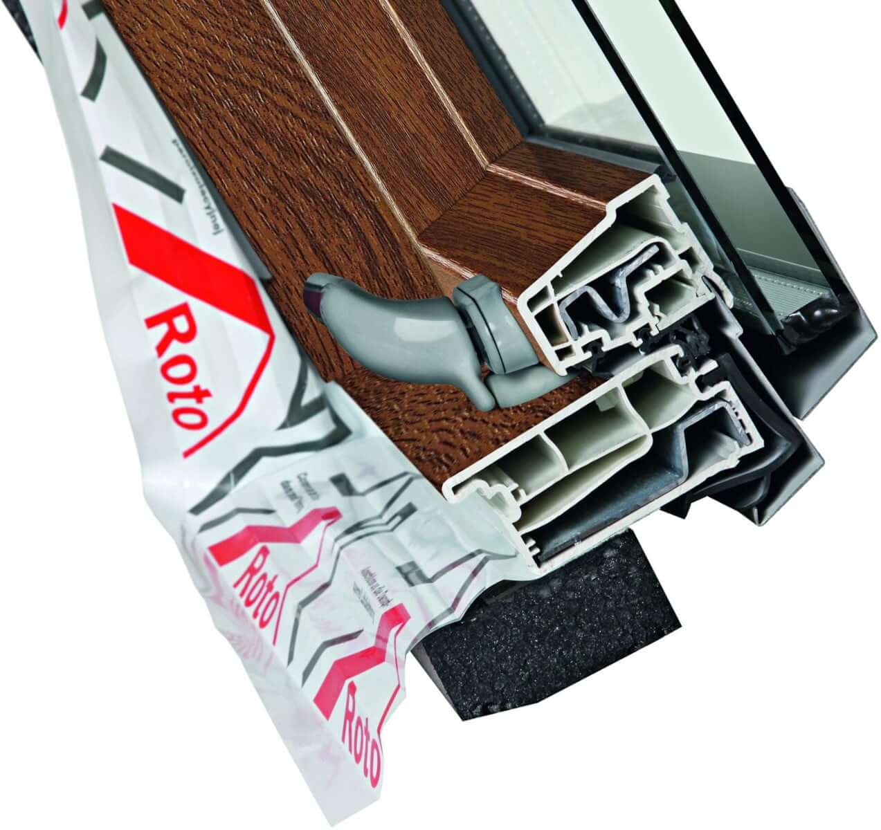 Окно мансардное пластиковое Roto Designo R45 K200. Ручка снизу. Однокамерное. ThermoBlock WD.