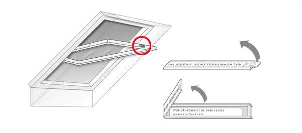 Схема расположения заводской таблички на мансардных окнах Roto серии 8