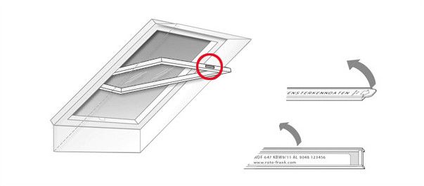 Схема расположения заводской таблички на мансардных окнах Roto серии 3 и 4